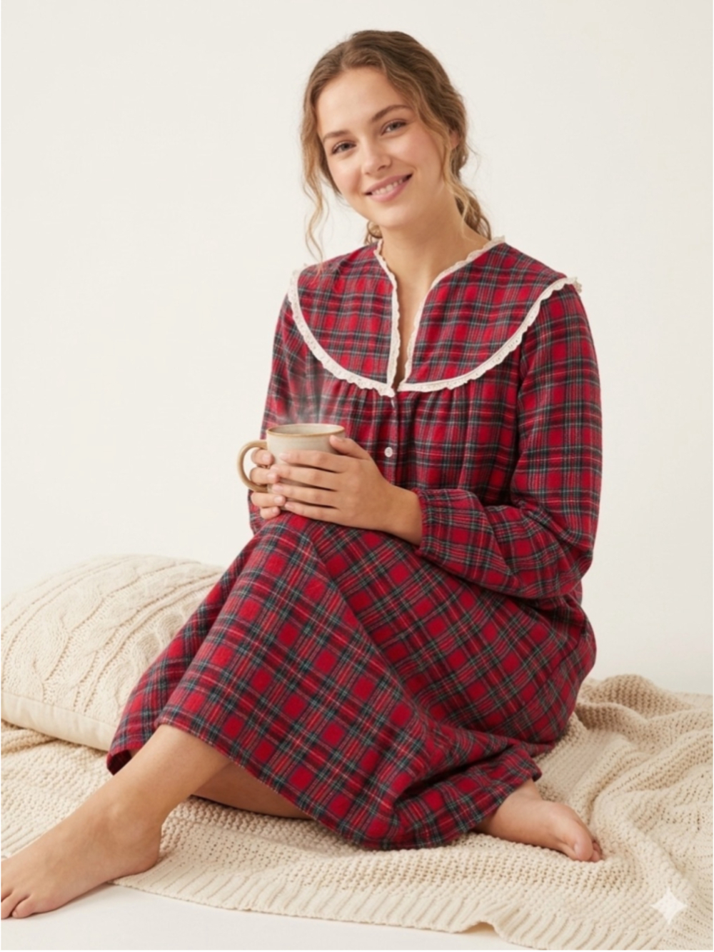Women's Lanz of Salzburg Red Tartan Plaid Flannel Nightgown - Size Large - 685